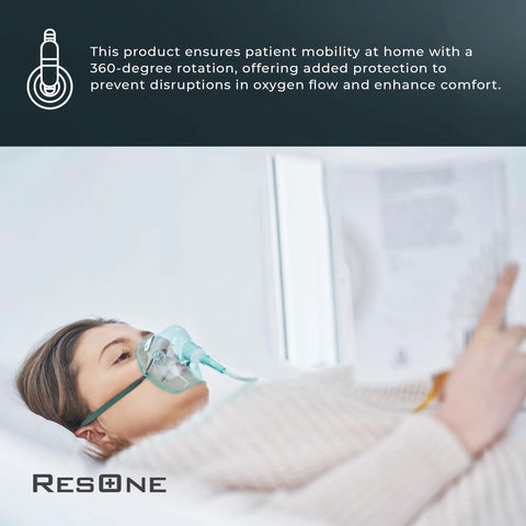 ResOne oxygen tubing swivel connectors 10-pack; patient wearing a mint-green oxygen mask in bed, ResOne logo visible.
