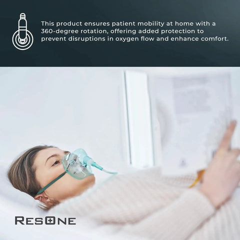 Person lying in bed with oxygen mask connected to Swivel Oxygen Tubing Connectors 10 Pack By ResOne With 360 Degree Rotation Leak Free Barbed Fit For Cannula Hose Tube Connections Oxygen Line Splitter Medical Home Marine Use Standard Size Male Female.