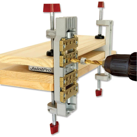Self-Clamping All Steel Doweling Jig With Four Guide Bushings For 1/4, 5/16 And 3/8 Inch Dowels, Two-Board Alignment