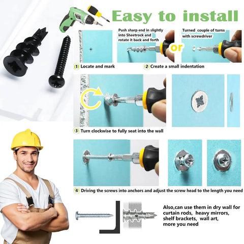 Fifty Pieces Size 8 Self Drilling Drywall Anchors And Screws Kit For Wall Mounting Includes Twenty Five Heavy Duty Hollow Sheetrock Anchors And Twenty Five One Quarter Inch Screws No Pre Drill Hole Required Holds Up To 75 Lbs step-by-step installation diagram.
