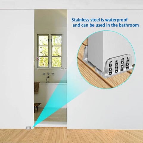 Sliding Barn Door Floor Guide With 360 Degree Ball Bearings shown installed in bathroom with stainless steel, waterproof design