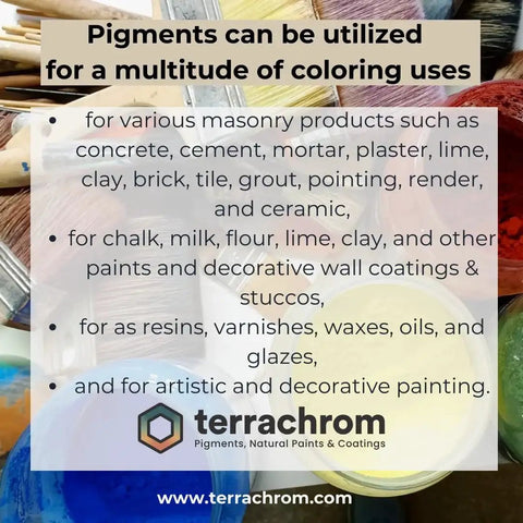 Image of brushes and jars with text "Pigments for various masonry products and artistic painting uses" overlayed.