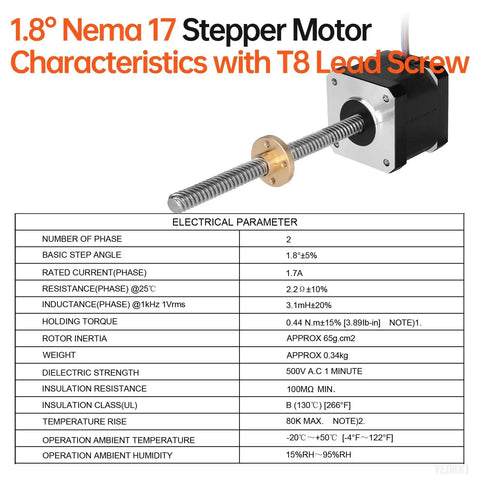 Nema 17 Stepper Motor with TR8x8 Lead Screw 150mm for 3D Printers, CNC Machines, DIY Robots, image showing motor specifications chart