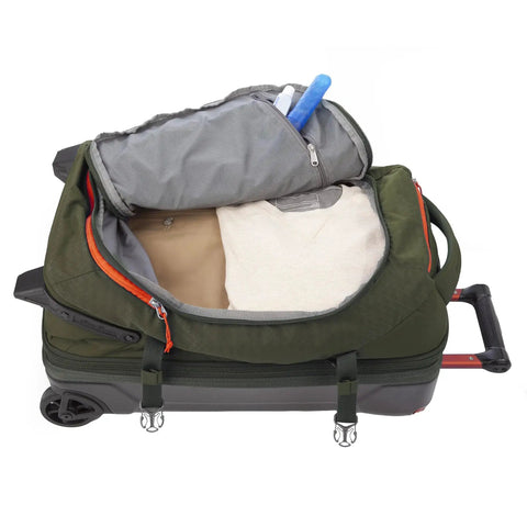 Rugged Rolling Duffel Bag For Travel And Carry On, Stand Alone Upright Design, 22 Inch Luggage In Dark Thyme, open interior view