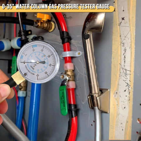 UHARBOUR gas manometer gauge, front view, 0-35 in water column, 1/8 in NPT with barbed connection, near red/blue pipes.