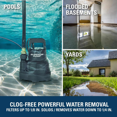 Superior Pump 91014 1/4 HP black thermoplastic utility pump; submersible for pools, basements, yards.