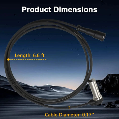 ABS wheel speed sensor harness, 2-pack for trucks; 6.6 ft length, 0.17 in cable, right-angle sensor end.