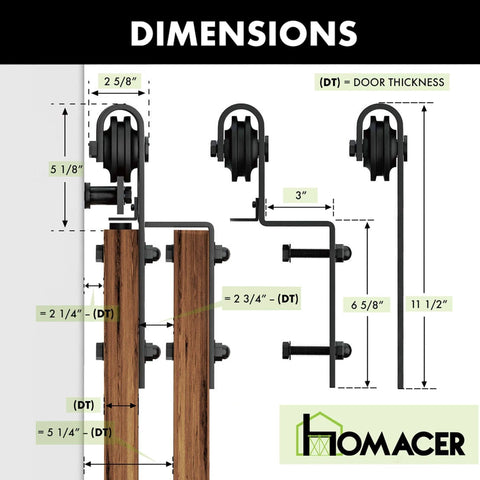 Dimensions of Black Rustic Bypass Sliding Barn Door Hardware Kit for Double Doors, 6ft Flat Track with Classic Steel Rollers.