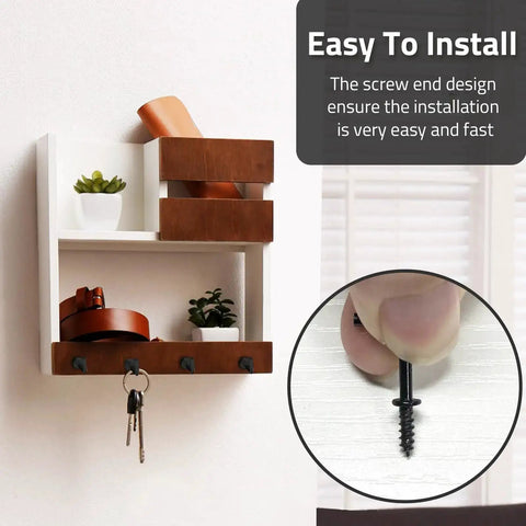 Wall shelf with keys hanging from 100 Pack Half Inch L Shaped Screw Hooks Right Angle Metal Hooks For Hanging Kitchen And Bedroom Organization.