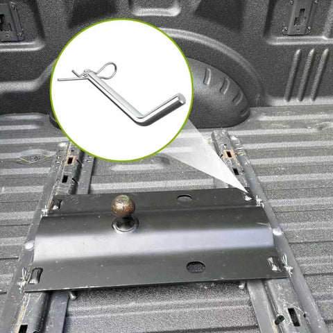 Side view of Replacement Heavy Duty 1/2-Inch 5th Wheel Pins And Clips For Base Rails And Gooseneck Hitches, installed, galvanized finish