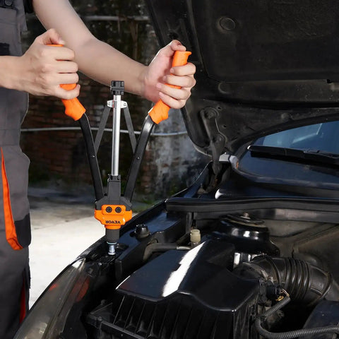 Rivet Nut Tool Kit 16 Inch With 13 Metric And SAE Mandrels, 186 Pcs Rivet Nuts in use on a car engine for de-riveting