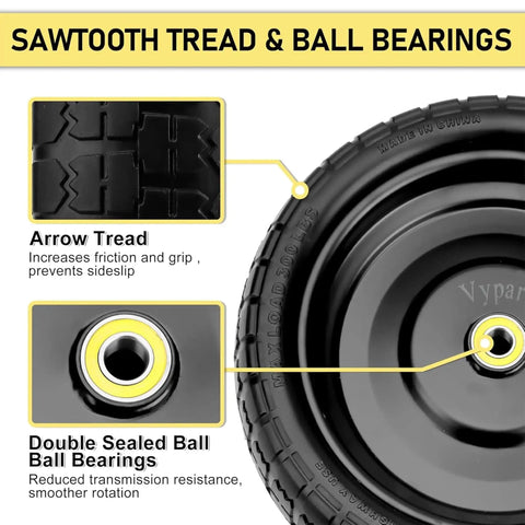 Close-up of 13 Inch Flat Free Wheel Set With 5/8 Inch Bearings And 2.17 Inch Offset Hub, showing sawtooth tread and ball bearings.
