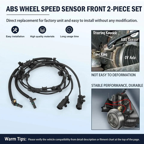 Two front ABS wheel speed sensors with wiring harnesses for Jeep Wrangler/Gladiator, black sensors and connectors.