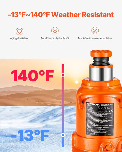 20 Ton Low Profile Hydraulic Bottle Jack With 6.69 To 12.6 Lift And Long Handle in orange finish, weather resistance details shown