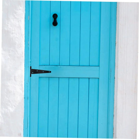 Blue wooden door with a black heavy duty gate hinge with slotted design for wooden and vinyl gates highly durable iron construction.