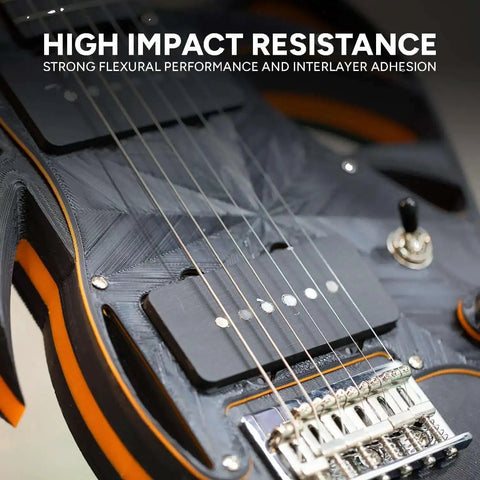 Guitar body showcasing Premium PLA Pro 3D Printing Filament 1.75mm Black 1kg, high-impact resistance, and strong adhesion.