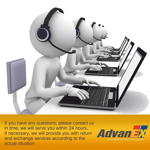 3D figures with headsets working on laptops in a customer service setting, with AdvanEX branding and service information text.