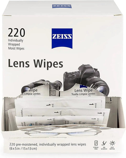Box of Zeiss Lens Wipes For Glasses And Sunglasses Premoistened Gentle Cleaning with individual packets visible