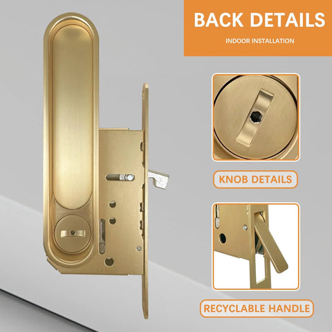 Pocket Door Lock Hardware Set With Privacy Handle, Hidden Pull And Recessed Latch, Easy Install, Circular Gold Finish, back view