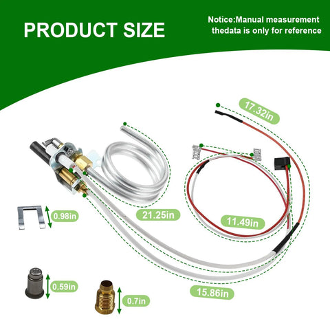 Water heater parts upgrade kit with thermopile, metal tubing, wiring leads, and brass fittings