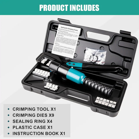 Open case of a 6 Ton Hydraulic Crimping Tool With 9 Die Pairs For 12 AWG To Two Zero Battery Cable Lugs And Wire Rope Crimper Heavy Duty