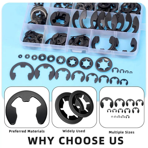261 Pcs Lock Washer And E Clip Kit with 100 Internal Tooth Star Washers and 160 E Ring Circlips on display