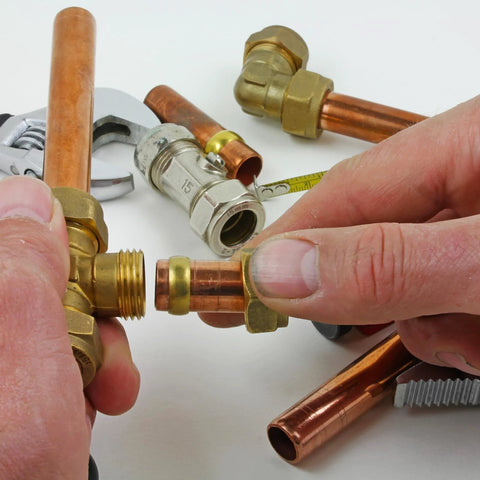 Close-up of brass compression fitting for 9mm tube with copper tube and sleeve ferrules, 10 pcs