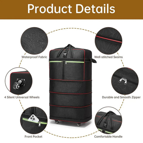 Foldable Duffle Bag With Wheels Large Expandable Travel Duffle showing waterproof fabric, universal wheels, durable zipper, and comfortable handle.