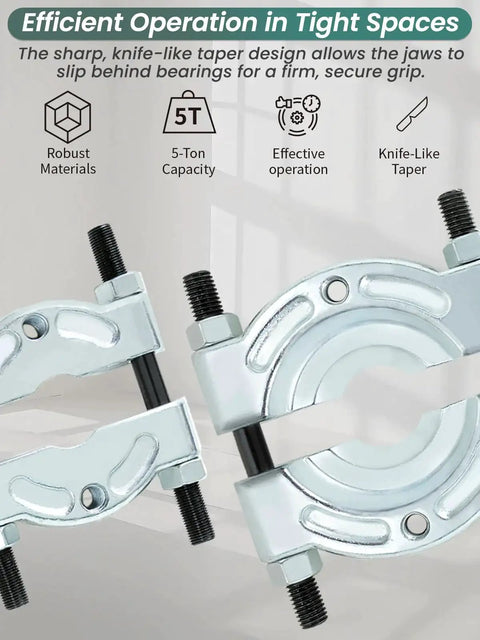 5 Ton Bearing Removal Puller Kit With 2 Inch And 3 Inch Jaws For Wheel Hub And Axle Bearing Separator, featuring strong, knife-like taper design for precise grip.