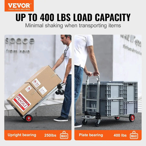 VEVOR aluminum folding hand truck, 2-in-1 design; left lifts a box, right shows a platform cart with crates.