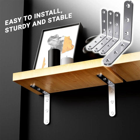 Installed sturdy stainless steel 4x4 angle brackets 3mm thick heavy duty 90 degree corner braces for wood shelves installation