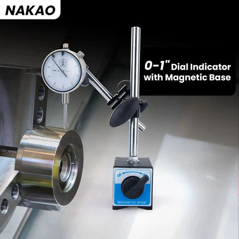 Pro Grade Dial Indicator With Magnetic Base And Point Precision Inspection Set Long Arm Dial Test Indicator 0 To 1 Inch Range 0.001 Inch Resolution Magnetic Base Holder With Fine Adjustment Blue in use on machinery component.