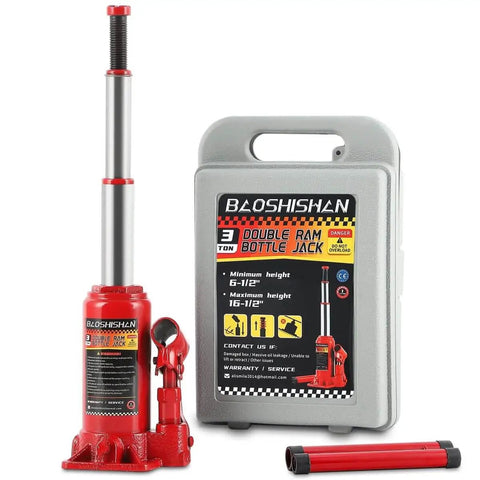 3 Ton Double Ram Hydraulic Bottle Jack With 6.5 To 16.5 Inch Lifting Range Portable Car Jack In Carrying Case shown with packaging