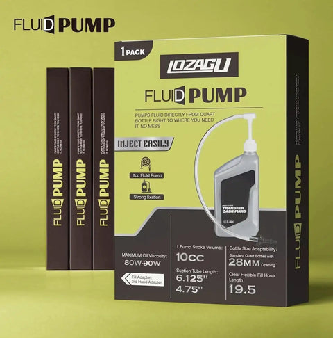 Quart Fluid Pump With 10cc Stroke And Third Hand Adapter For Transmission Fluids packaging showing specifications