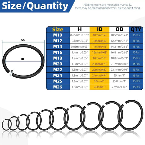 All In One Round Wire Snap Ring Kit 151 Pcs 10mm To 26mm Internal C Clips Assortment For Shafts With Clear Carry Case 10 Sizes Durable 65Mn Metal Retaining Rings size chart