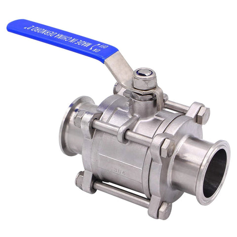2-inch sanitary ball valve by DERNORD, blue handle, stainless steel 304, tri-clamp ends, PTFE lined