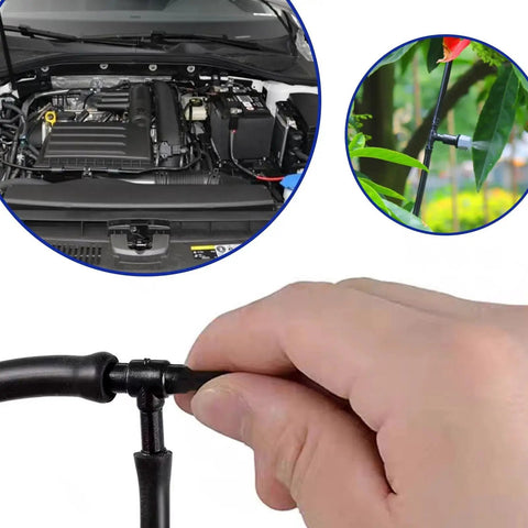 Automotive Vacuum Tubing Connector Kit With 34 Sizes And 165 Pieces shown in use with hand installing on car engine