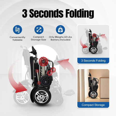 Foldable brown electric wheelchair for adults with dual batteries, shown folded for compact storage.
