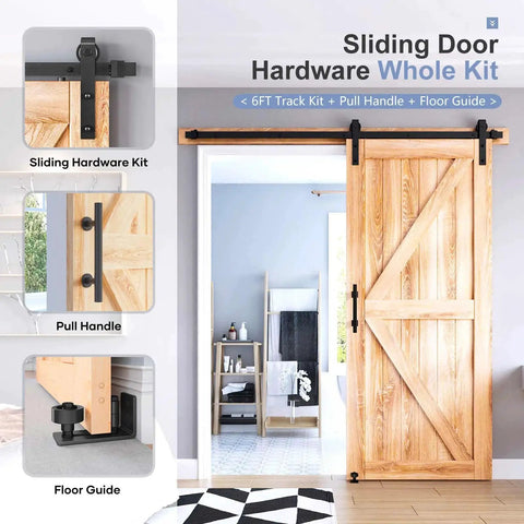 6 Ft Sliding Barn Door Hardware Kit With Track And J Pulley Ball Bearing Rollers for single doors shown; includes pull handle and floor guide.