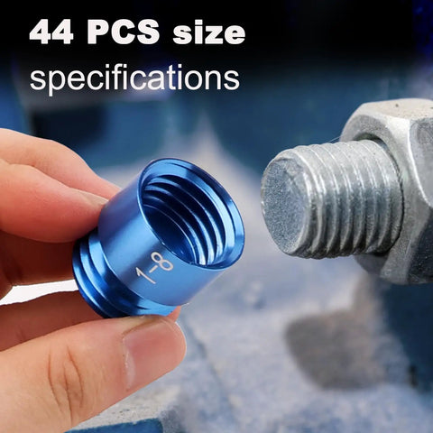 Close-up of a blue threaded gauge from the 44 Piece Nut And Bolt Thread Checker Kit With 21 Metric And 23 Inch Gauges For Tight Spots.