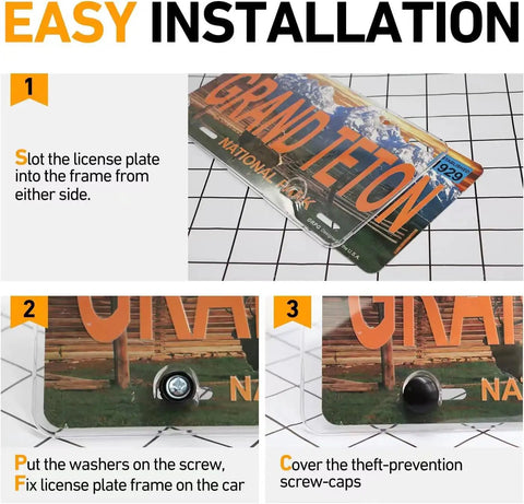 Installation guide for Transparent License Plate Cover 2 Pack With Curved Surface Design Fits Standard 6x12 Plates featuring step-by-step visuals.