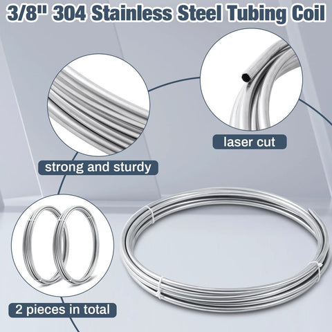 3/8 in x 50 ft 304 stainless steel tubing coil, silver; two pieces included for fuel lines and wort cooling