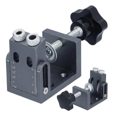 Oblique Pocket Hole Jig Kit with 15 Degree Adjustable Drilling Locator and Self Tightening Clamp shown with ruler markings.
