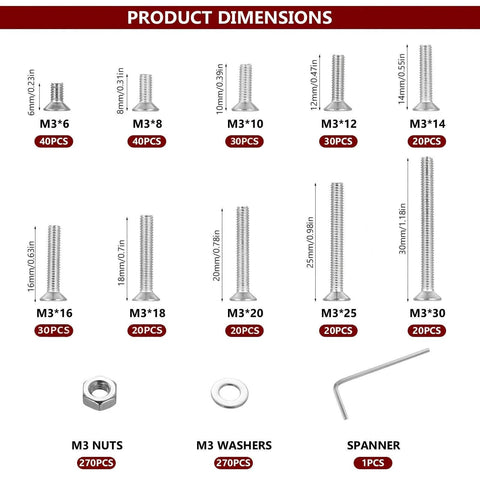 Ultimate 810 Piece M3 Screws Set With 304 Stainless Steel Flat Head Hex Socket Cap Screws Countersunk Bolts Nuts And Washers Metric Machine Screw Assortment For Electronics DIY And General Hardware Projects showing various sizes and pieces with dimensions.