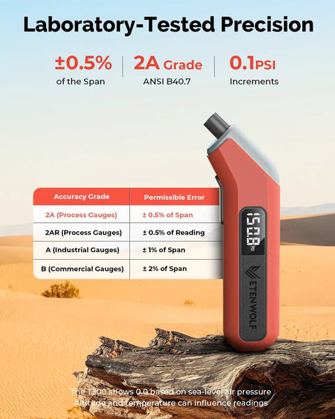 Digital Tire Pressure Gauge T300 3-200 PSI Calibrated to ANSI B40.7 Grade 2A With Replaceable AAA Batteries In Vivid Orange displaying precision accuracy.