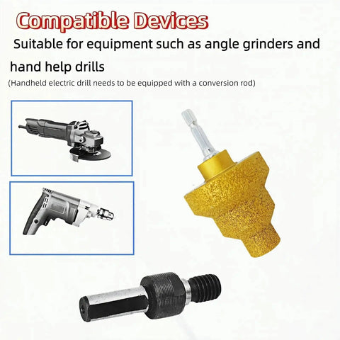 Diamond Step Drill Bit Set 20mm 35mm 50mm M10 Thread Hole Opener For Tile Concrete Marble Chamfer And Polish With Angle Grinder Three Sizes In One Tool No Hassle Quick Hole Enlargement Deburr And Finishing In Ceramic Tile Porcelain Stone displayed with compatible equipment like angle grinders and hand drills.