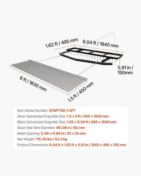 Diagram of Tow Behind 6 Ft Drag Harrow With Chain Harrow Adjustable Width 80 Lb Load Capacity showing dimensions and features.