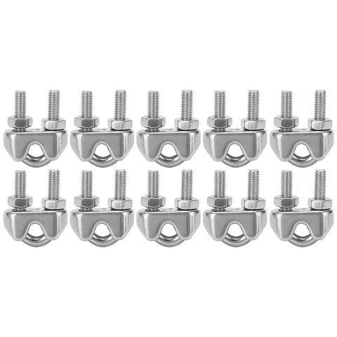 Stainless Steel Wire Rope Clip M4 U Bolt Saddle Fastener for boating, sailing, marine and outdoor activities, set of clips in row.
