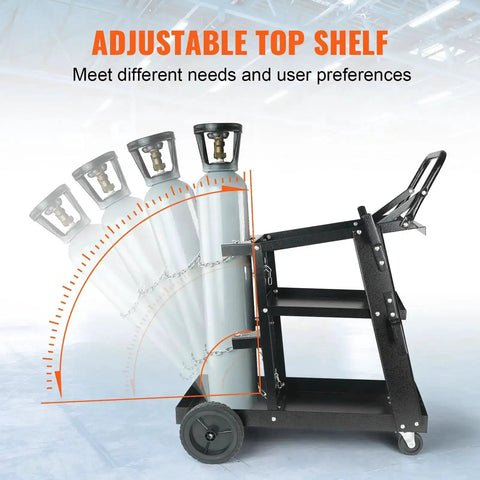 Side view of Heavy Duty 3 Tier Welding Cart With 360 Degree Swivel Wheels, Tank Storage And Safety Chains, Rolling Cart For MIG TIG ARC Plasma Cutter Welder, 400 Lb Capacity showing adjustable top shelf.