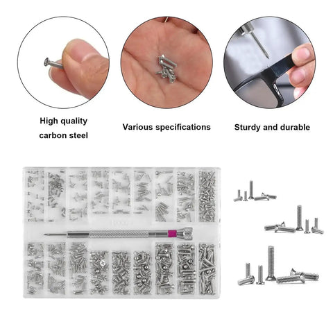 500-Pack Self-Tapping Micro Screws M1.2 M1.4 M2 For Eyewear, Watches, Laptops And Electronics in stainless steel case with tools